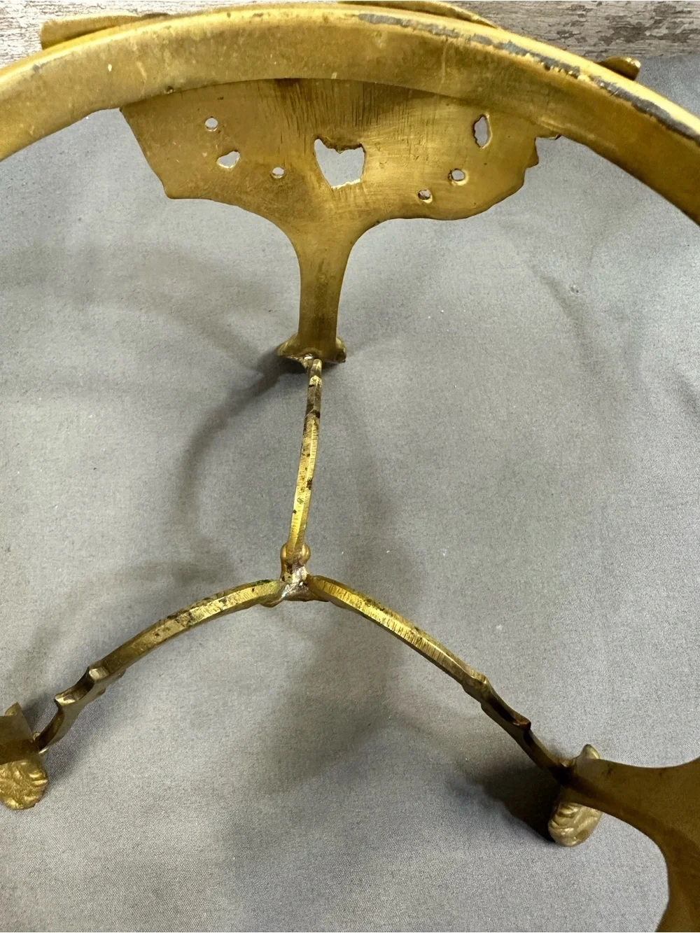 Vintage Crackle Glass Bowl with Ornate Brass Tripod Stand Centerpiece